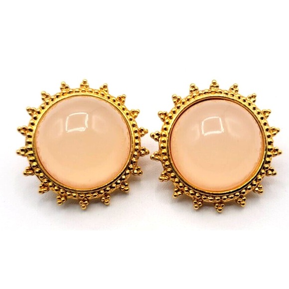 Joan Rivers Jewelry - JOAN RIVERS PINK LUCITE CABOCHON CLIP ON EARRINGS GOLD TONE SUN DESIGN SIGNED